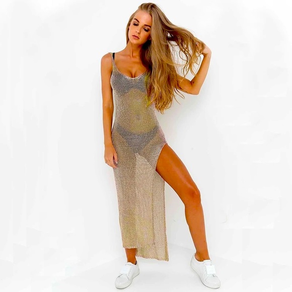 ‼️SOLD‼️ Gold Mesh Cover Up Beach Dress - Picture 2 of 4